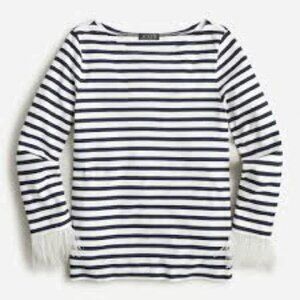 NWT J.Crew Navy and White Stripe Feather-Trim Long-Sleeve Shirt - Size Large
